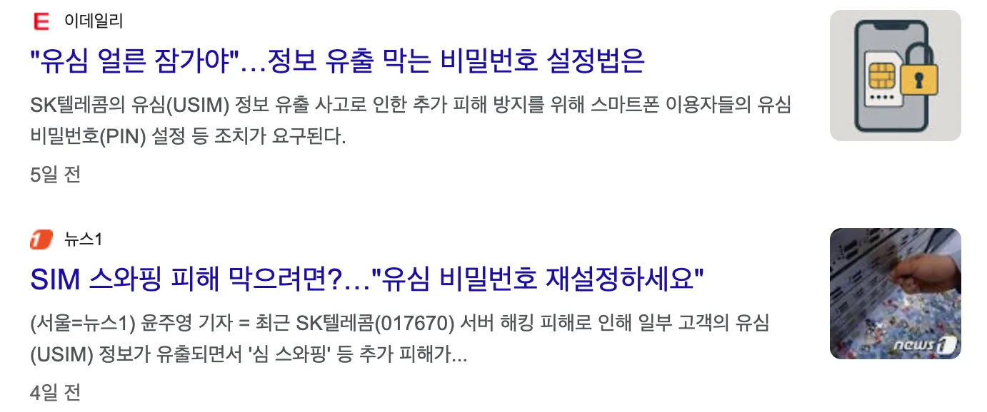 SIM PIN을 설정해야 한다는 내용을 담은 기사들