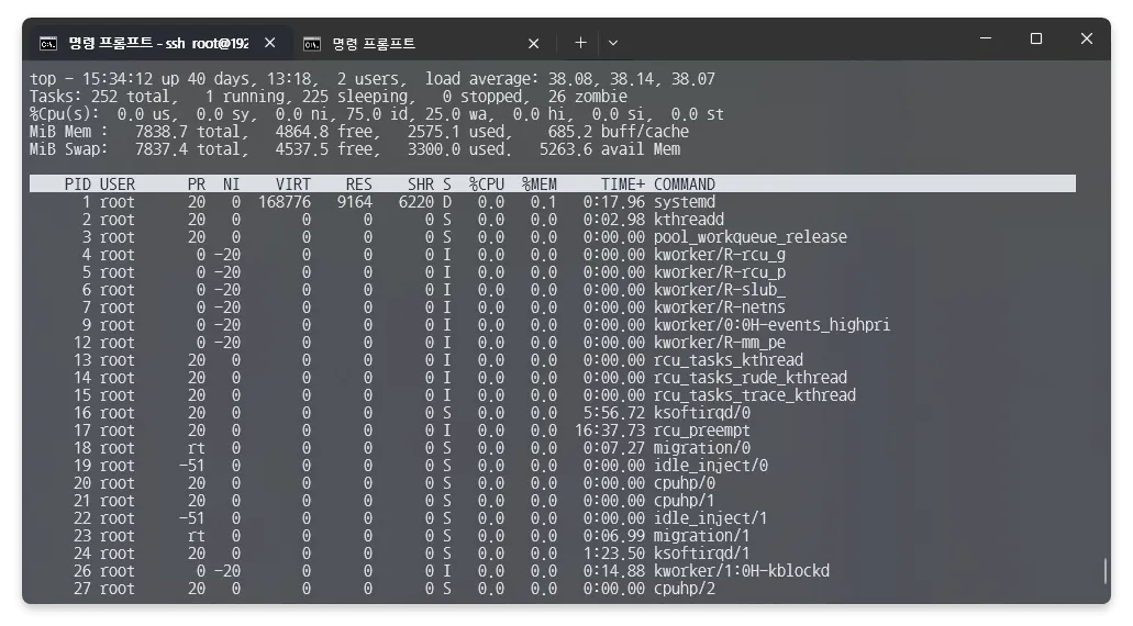 top을 실행시킨 결과 systemd 프로세스가 D-State에 빠져들었다